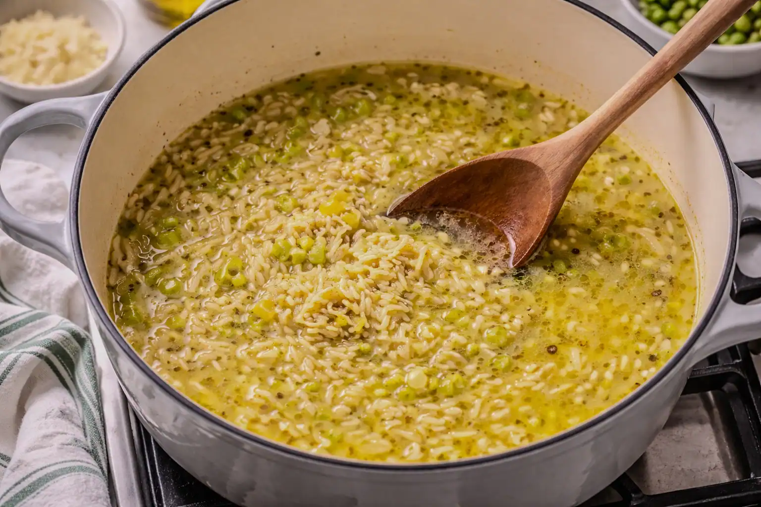 Orzo simmering in chicken stock in a Dutch oven, with peas and aromatics, being stirred with a wooden spoon as it cooks