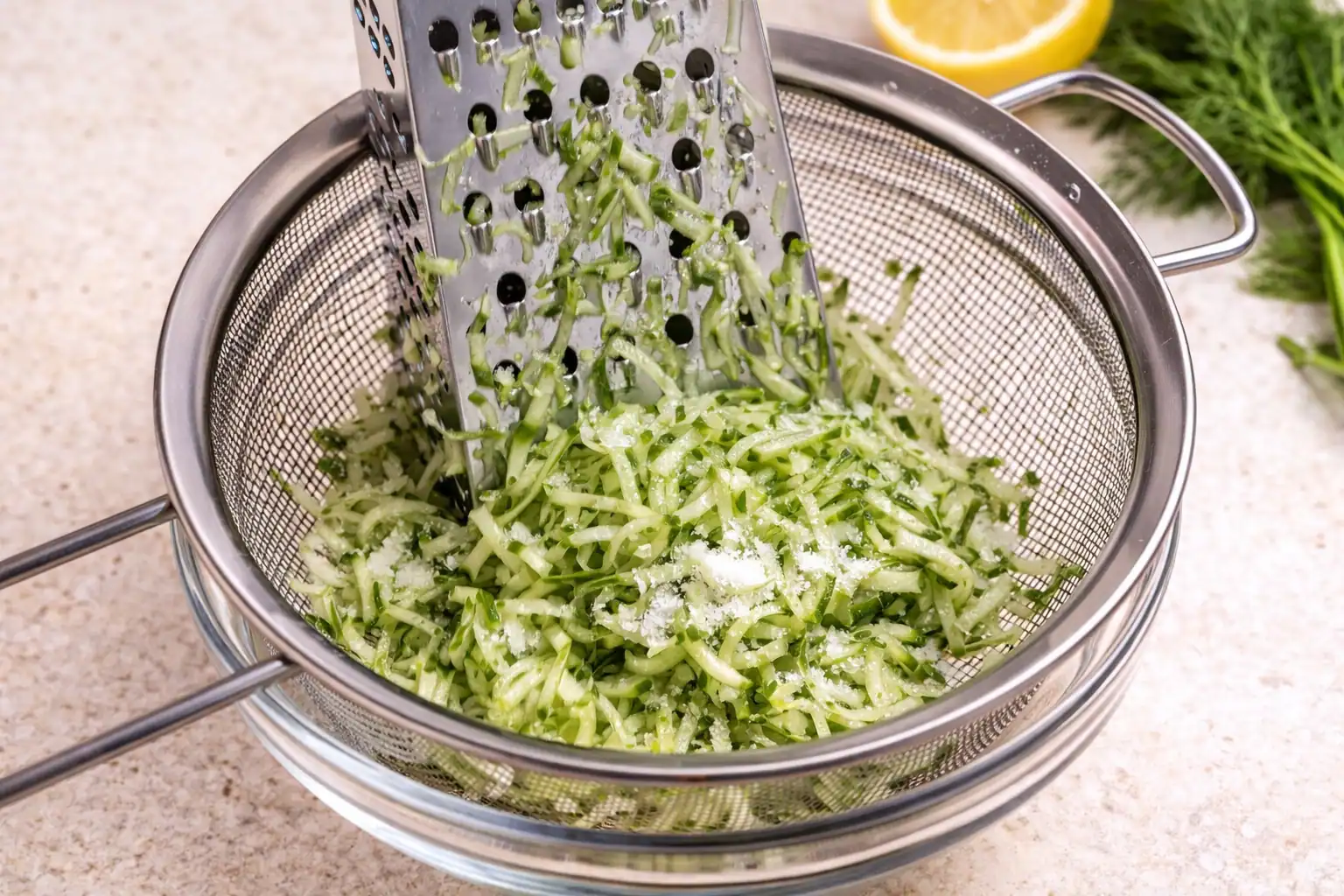Grated cucumber in a colander over a bowl, sprinkled with salt and resting beside a box grater to drain excess moisture