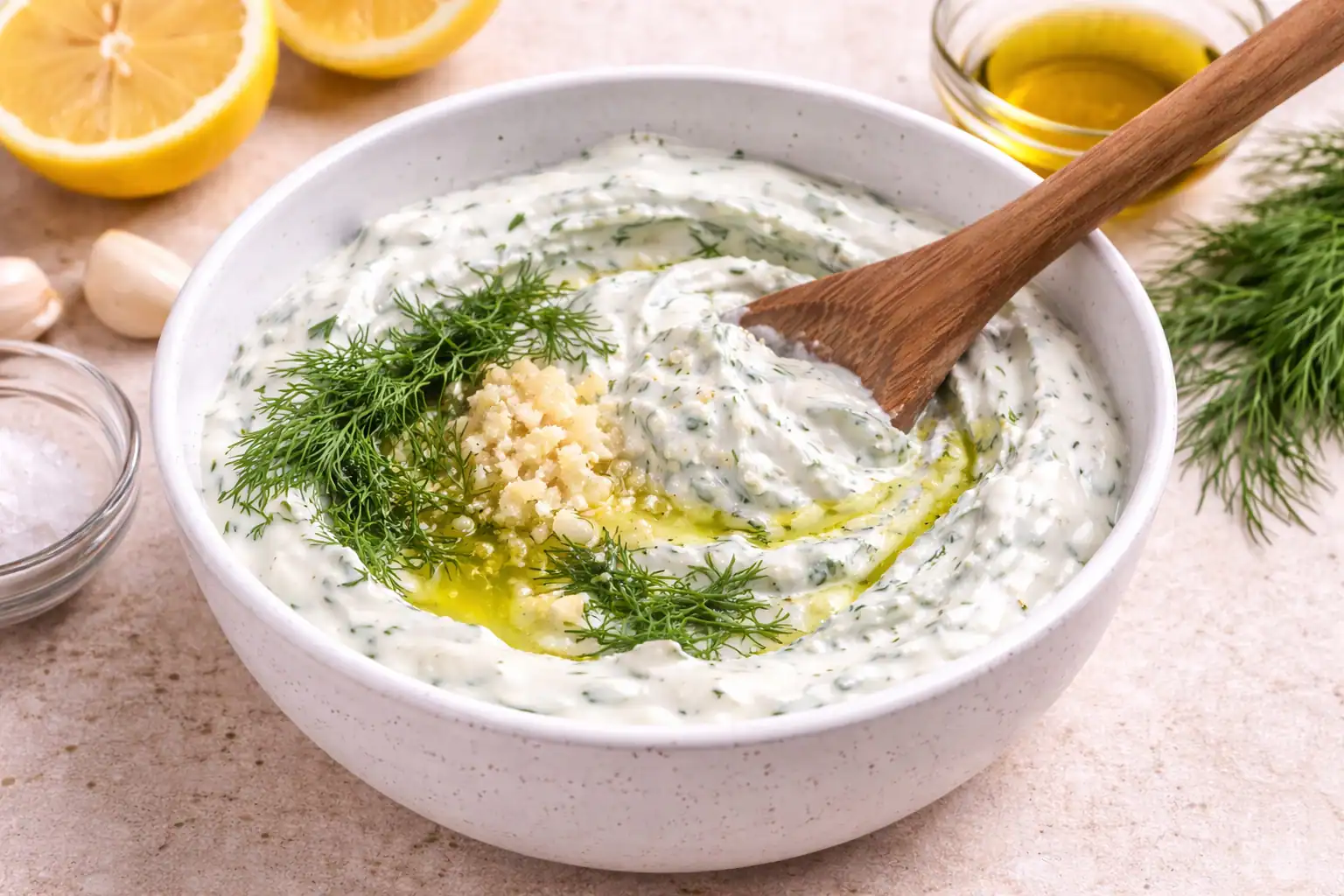 Greek yogurt mixed with olive oil, lemon juice, garlic, dill, and salt in a bowl, being stirred until smooth and combined
