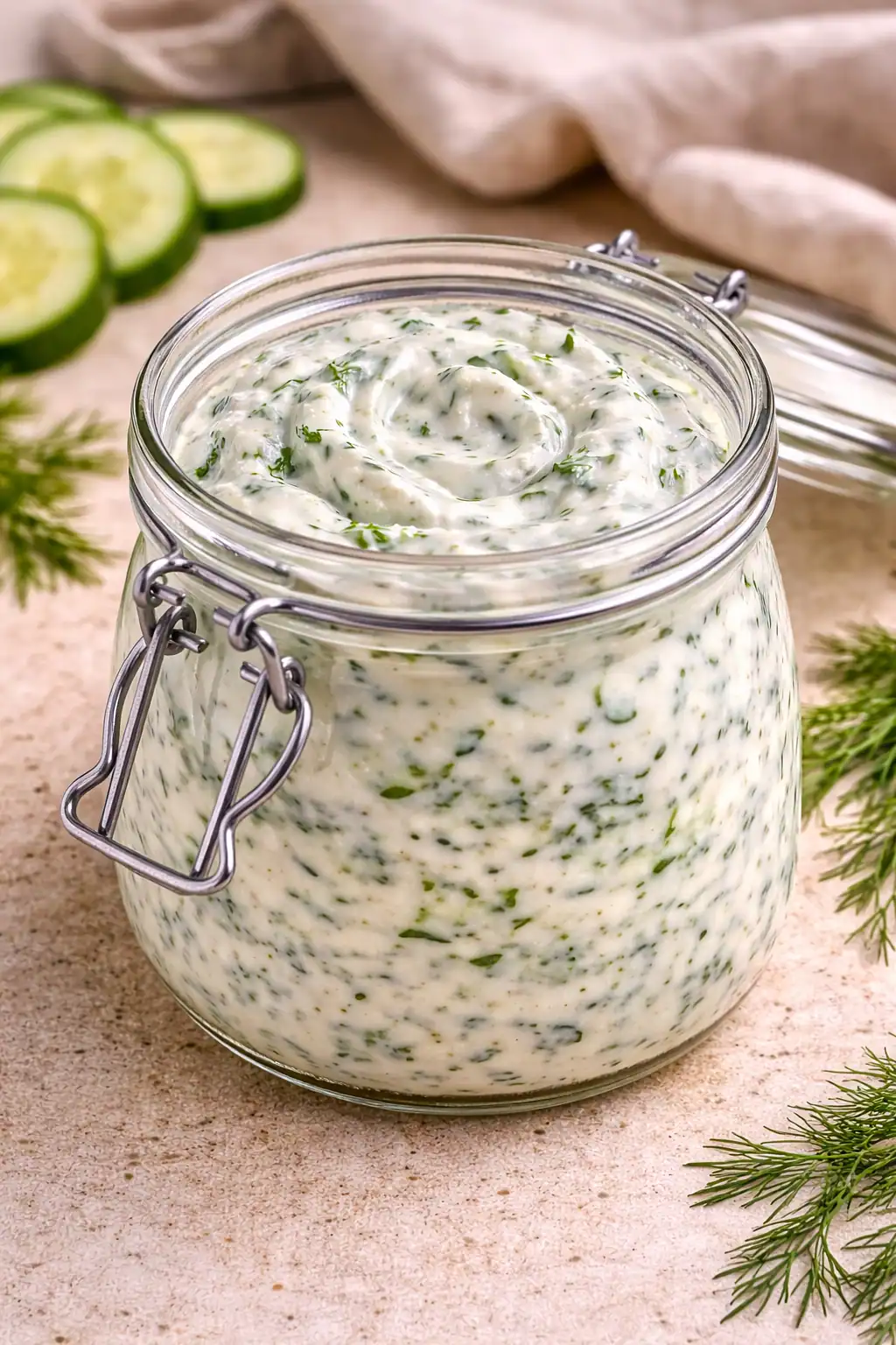 Tzatziki stored in a glass jar with a lid, sitting on a countertop with cucumber slices and fresh dill nearby