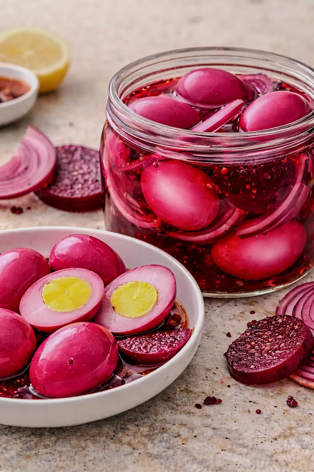 Pickled red beet eggs with sliced beets and onions in a glass container