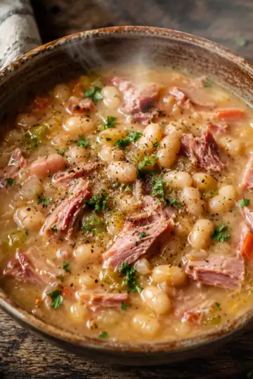 Hearty white bean and ham soup in a rustic bowl with herbs.