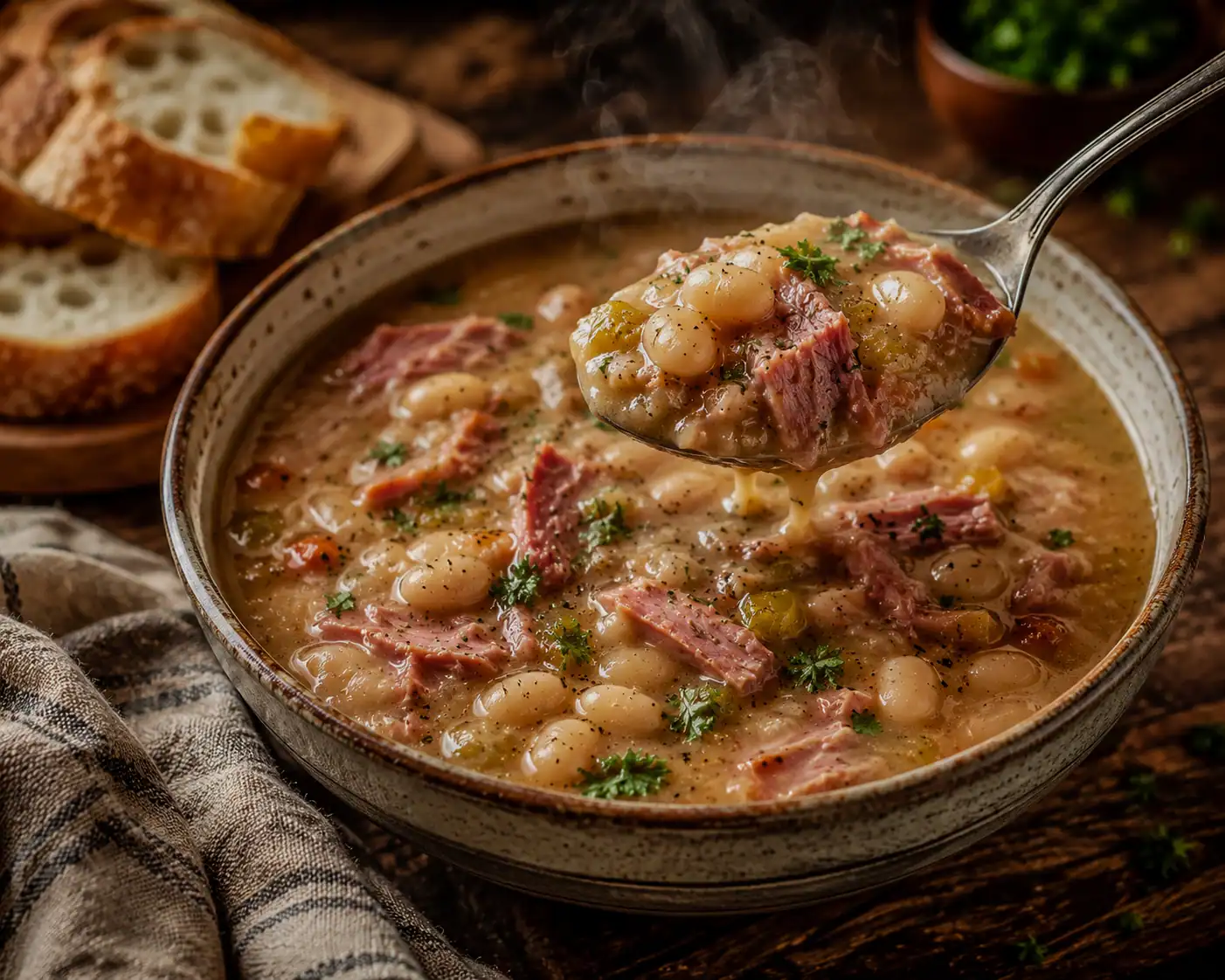 Hearty beef and white bean stew in a rustic bowl with bread on the side.
