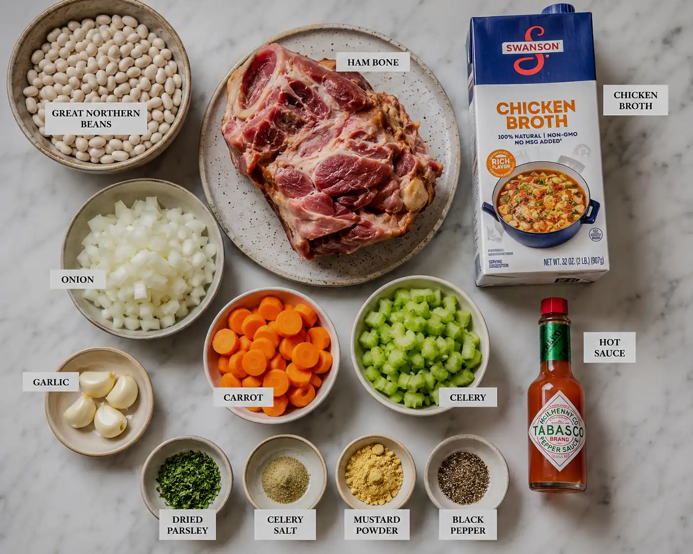 Ham bone, vegetables, and broth ingredients for nutritious soup recipe.