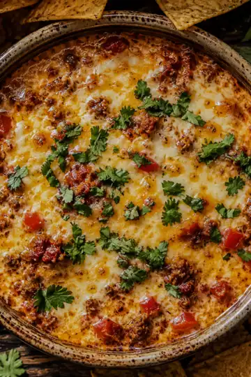 Delicious cheesy baked dip topped with fresh herbs and diced tomatoes, perfect for sharing at partie.