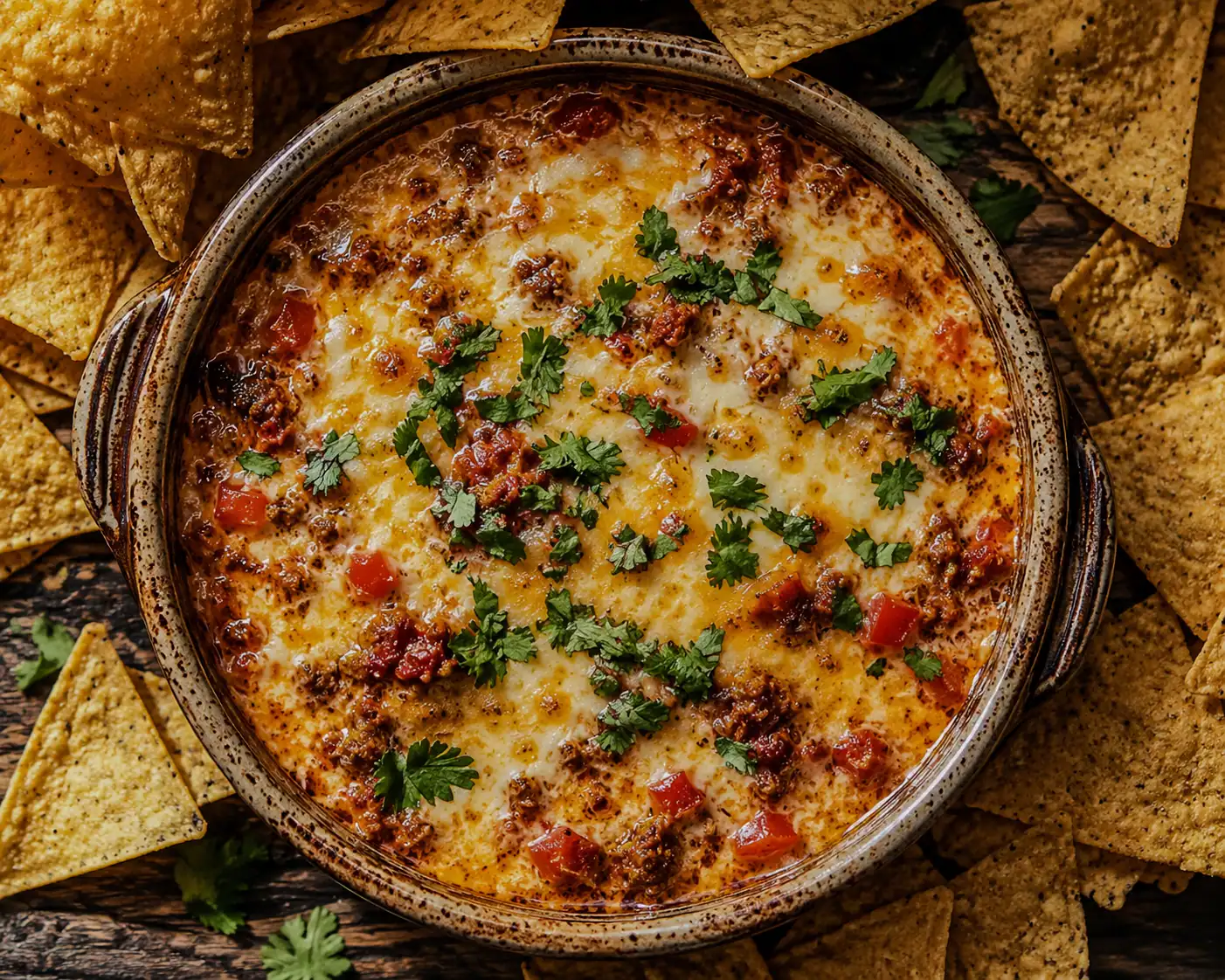 Delicious cheesy baked dip topped with fresh herbs and diced tomatoes, perfect for sharing at partie.