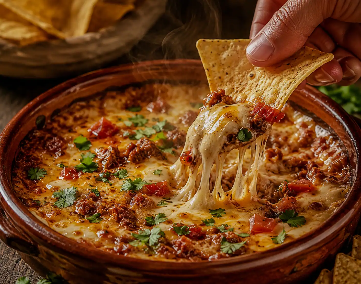 Delicious cheesy Mexican queso dip with melted cheese and fresh toppings in a rustic dish.